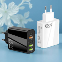 Швидкий зарядний пристрій USB Type-C 65 W на 5 портів, компактний, безпечний, для дому та подорожей, біле