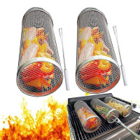 Цилиндрическая антипригарная корзина для барбекю из нержавеющей стали с вращением 360°