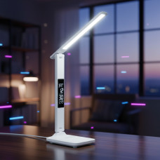 LED настольная лампа 868S с аккумулятором, часами и термометром White