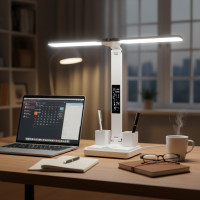 LED настільна лампа 877 з акумулятором, годинником, термометром та органайзером