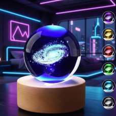 Кристальная LED-копуля-ночник с RGB-подсветкой и пультом,3D светильник "Чумацкий путь" на деревянной подставке