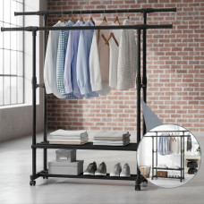 Телескопическая напольная стойка для одежды с колесиками и полками для обуви