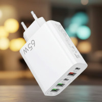 Швидкий зарядний пристрій USB Type-C 65 W на 5 портів, компактний, безпечний, для дому та подорожей, біле