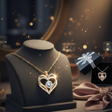 Женское ожерелье золотое в форме сердца с белым циркониевым камнем