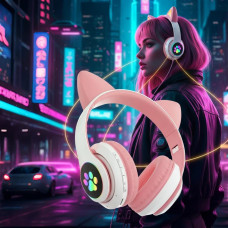 Беспроводные LED наушники Розовый с кошачьими ушками STN-28 со светящимися ушками