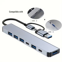 Хаб USB Type-C 7в1 адаптер для ноутбука ПК мультипортовий розгалужувач сірий